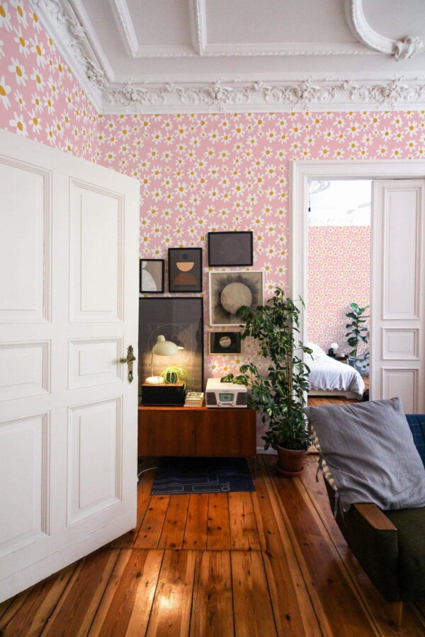Mid-century modern luxury style living room and bedroom decorated with Daisies on plain pink peel and stick wallpaper