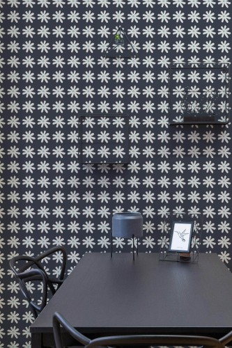 Industrial modern style dining room decorated with Daisies peel and stick wallpaper