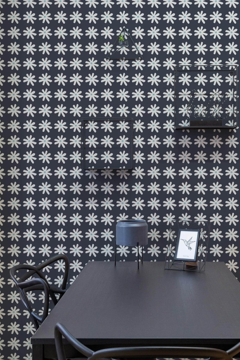 Industrial modern style dining room decorated with Daisies peel and stick wallpaper