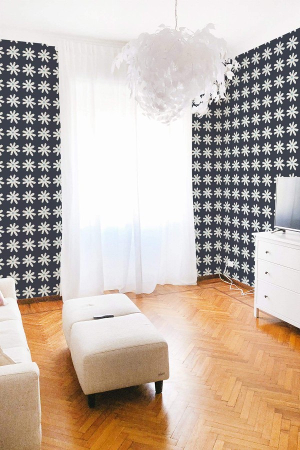 Modern boho style living room decorated with Daisies peel and stick wallpaper