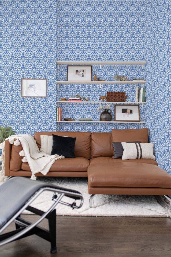 Mid-century modern style dining room decorated with Damask pattern peel and stick wallpaper