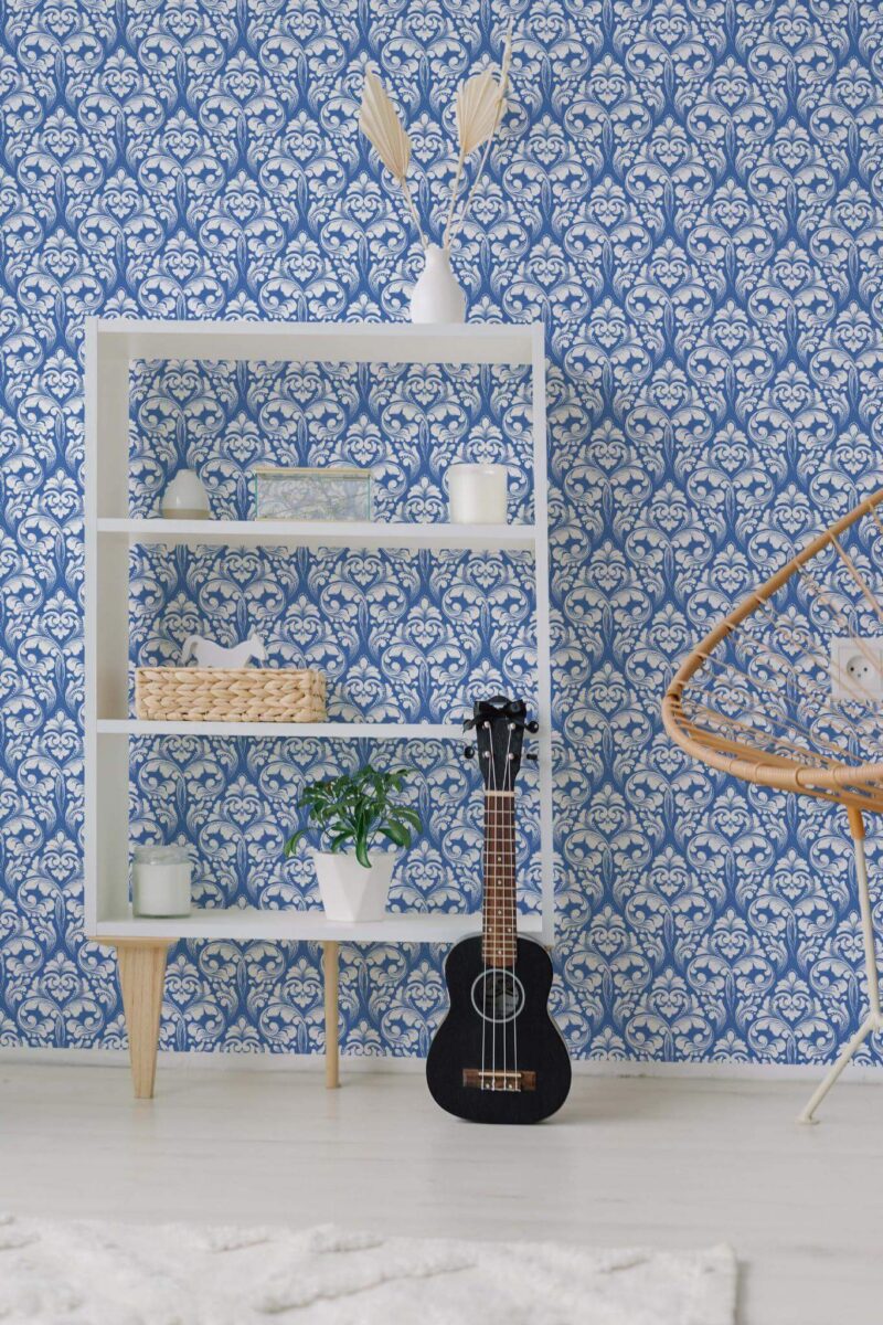 Minimal boho style living room decorated with Damask pattern peel and stick wallpaper
