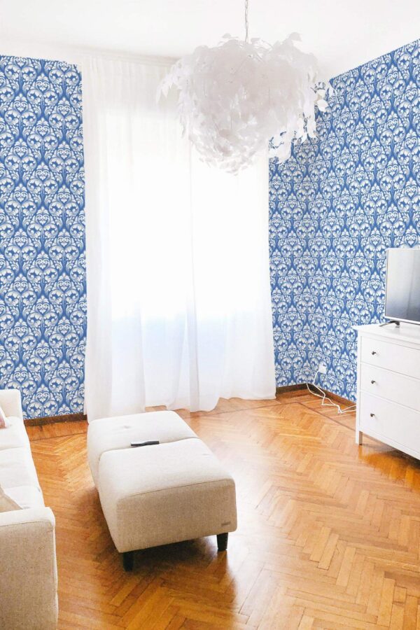 Modern boho style living room decorated with Damask pattern peel and stick wallpaper