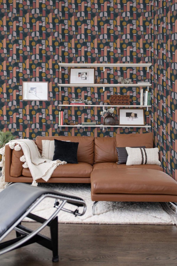Mid-century modern style dining room decorated with Dark arch peel and stick wallpaper