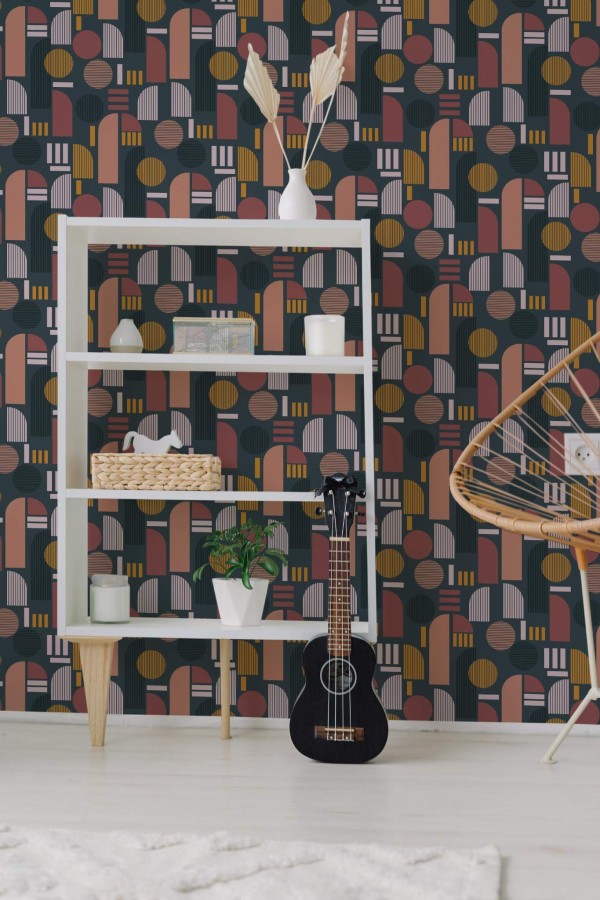 Minimal boho style living room decorated with Dark arch peel and stick wallpaper
