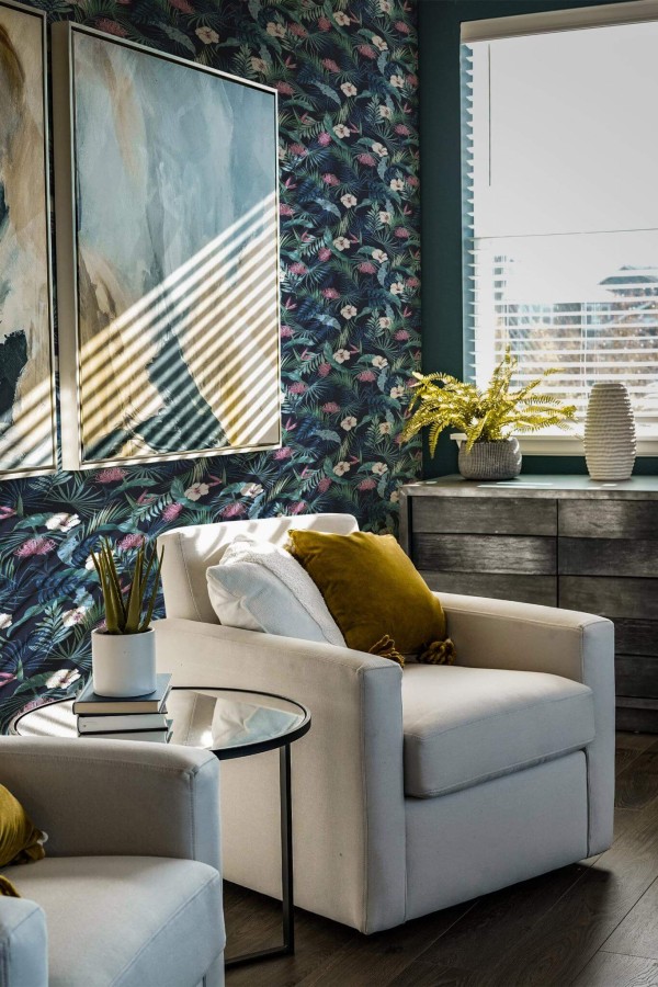 Shabby chic style living room decorated with Dark blue tropical peel and stick wallpaper