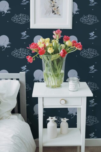 Farmhouse style bedroom decorated with Dark chinoiserie peel and stick wallpaper