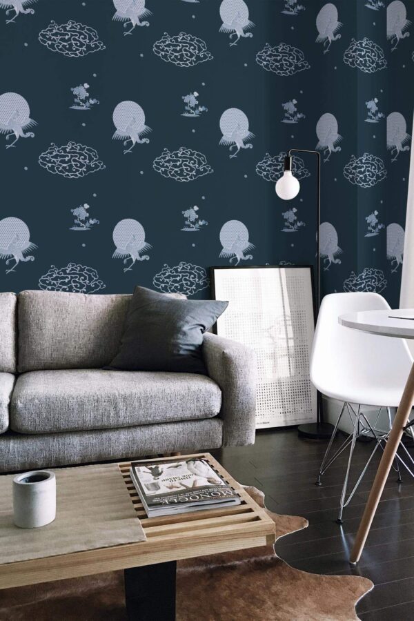 Industrial scandinavian style living room decorated with Dark chinoiserie peel and stick wallpaper