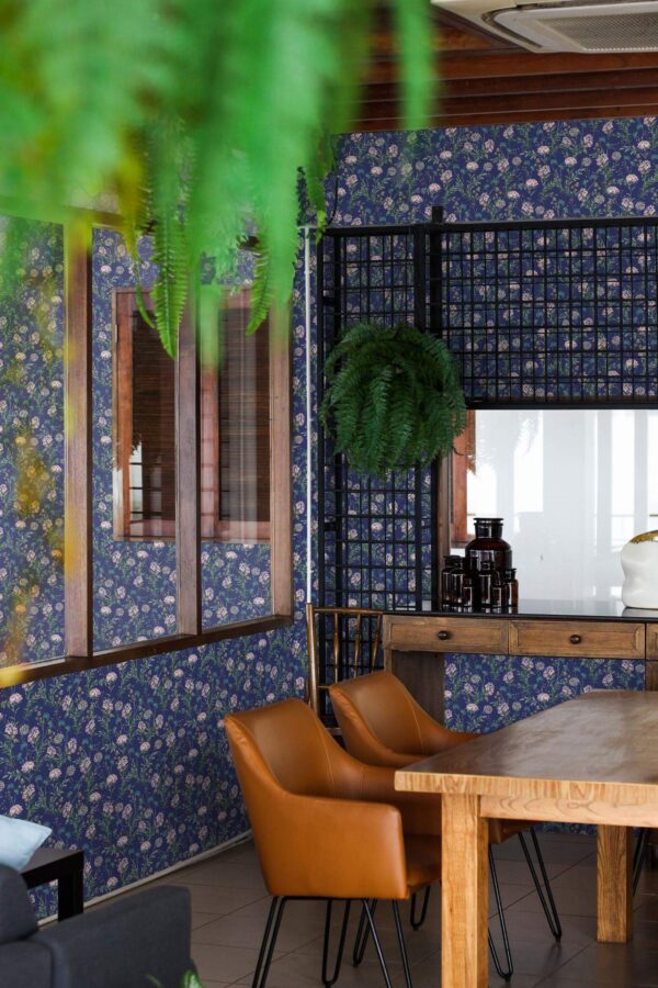 Mid-century modern style dining room decorated with Dark etheral flowers peel and stick wallpaper and black industrial accents