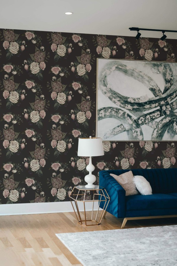 Modern style living room decorated with Dark floral peel and stick wallpaper