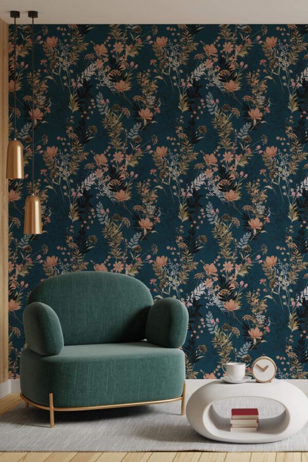 Contemporary style living room decorated with Dark flowers peel and stick wallpaper