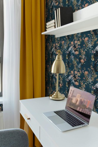 Scandinavian style home office decorated with Dark flowers peel and stick wallpaper