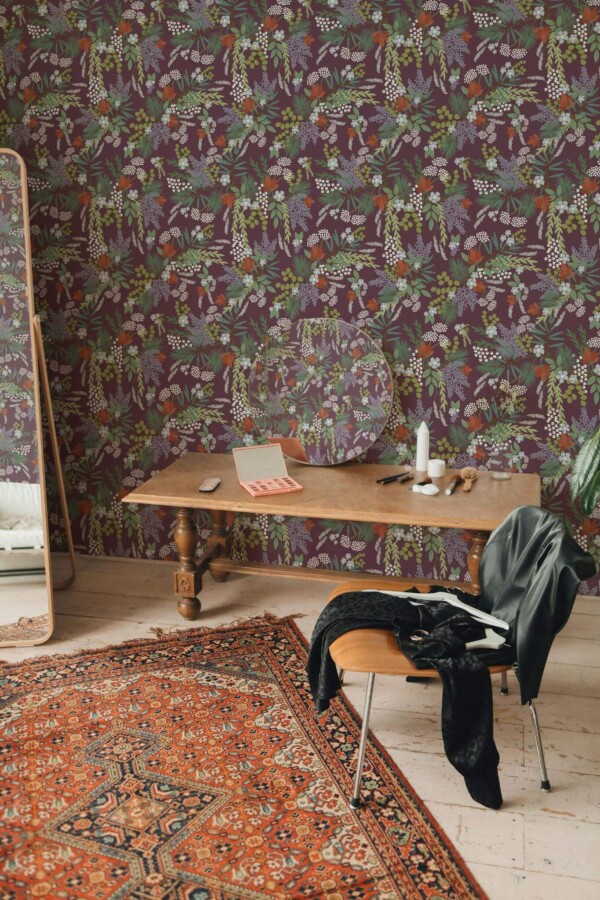 Rustic eclectic style powder room decorated with Dark forest peel and stick wallpaper