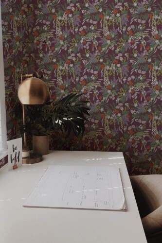 Rustic style home office decorated with Dark forest peel and stick wallpaper