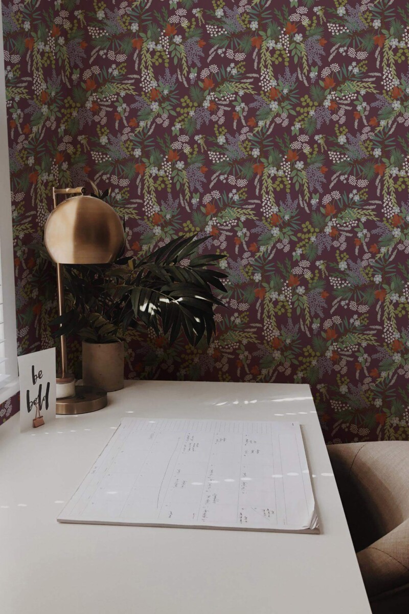 Rustic style home office decorated with Dark forest peel and stick wallpaper