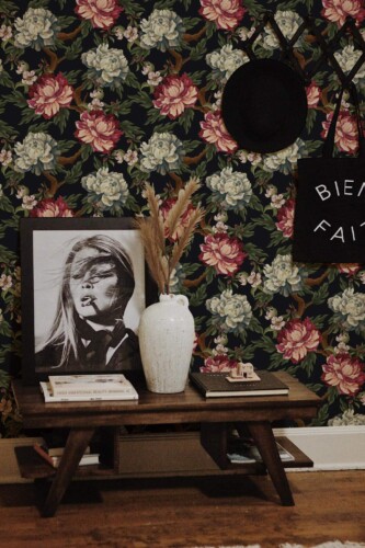 Rustic farmhouse style entryway decorated with Dark garden peel and stick wallpaper