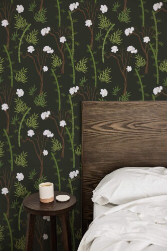 Farmhouse style bedroom decorated with Dark green botanical peel and stick wallpaper