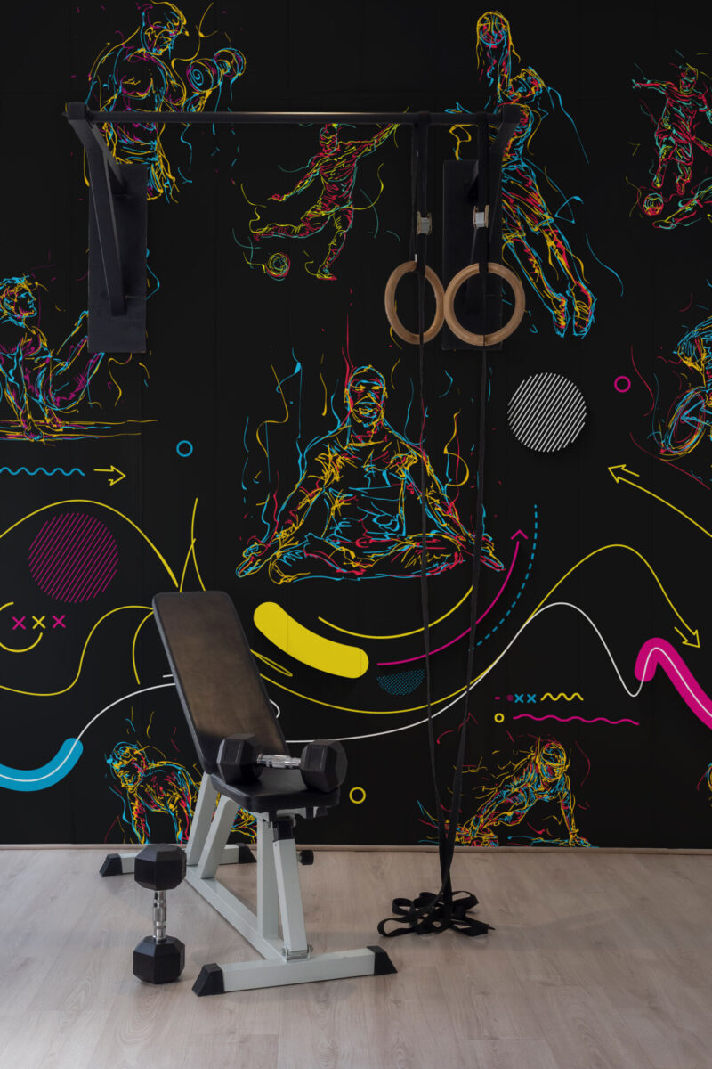 Dark Line Art Sports Collage Wall Mural with colorful athlete silhouettes on a black background, ideal for gyms, game rooms, and fitness spaces.