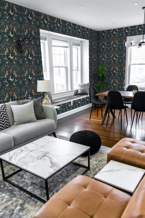 Mid-century modern scandinavian style living dining room decorated with Dark magic forest peel and stick wallpaper