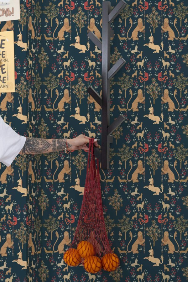 Scandinavian style kitchen decorated with Dark magic forest peel and stick wallpaper