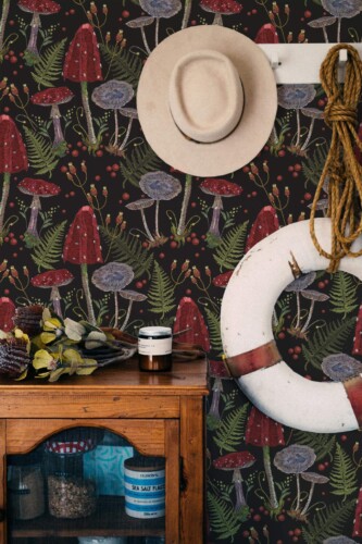 Coastal nautical style living room decorated with Dark mushrooms forest peel and stick wallpaper