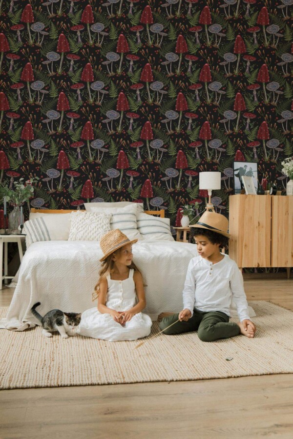 Scandinavian style bedroom decorated with Dark mushrooms forest peel and stick wallpaper
