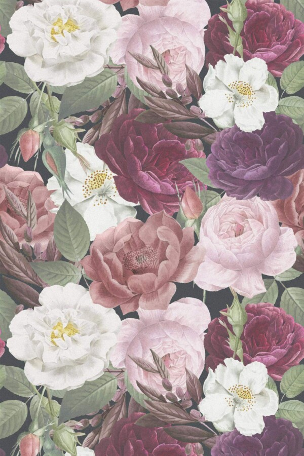 Pattern repeat of Dark peonies removable wallpaper design