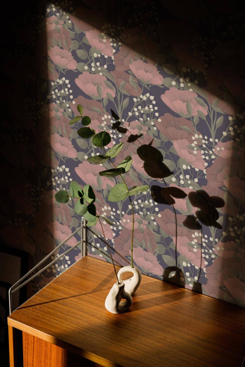 Mid-century style living room decorated with Dark red floral peel and stick wallpaper