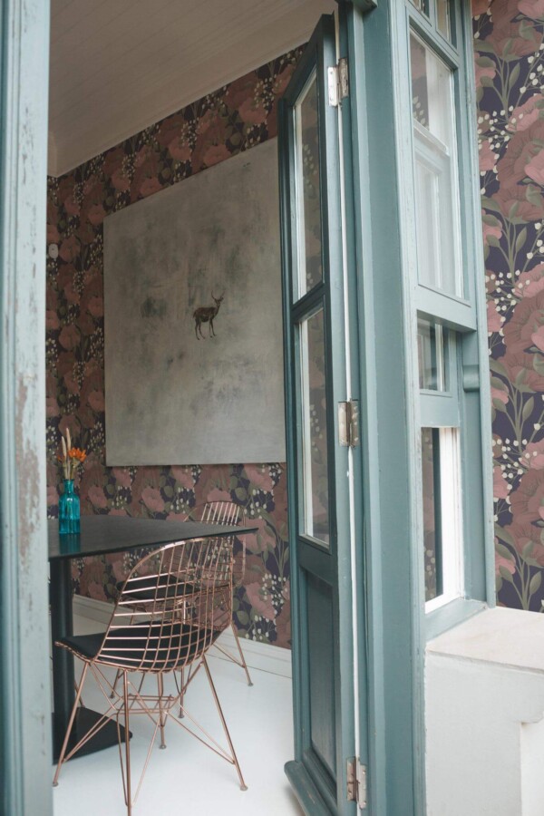 Minimal coastal style cafe decorated with Dark red floral peel and stick wallpaper