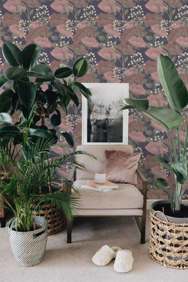 Modern boho style living room decorated with Dark red floral peel and stick wallpaper