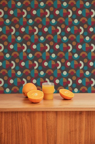 Mid-century style living room decorated with Dark retro peel and stick wallpaper