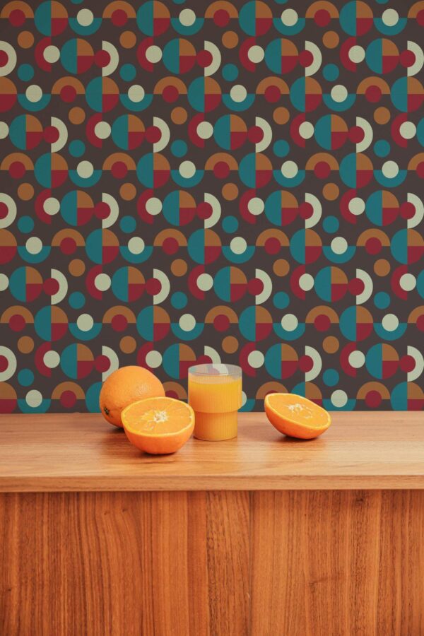 Mid-century style living room decorated with Dark retro peel and stick wallpaper
