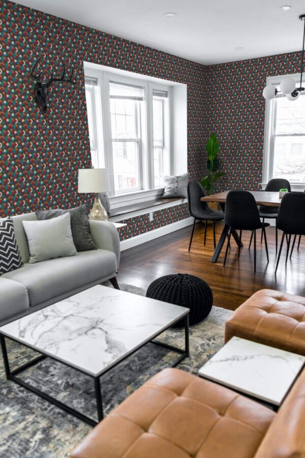 Mid-century modern scandinavian style living dining room decorated with Dark retro peel and stick wallpaper