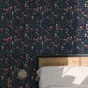 Minimal modern style bedroom decorated with Dark scandinavian floral peel and stick wallpaper