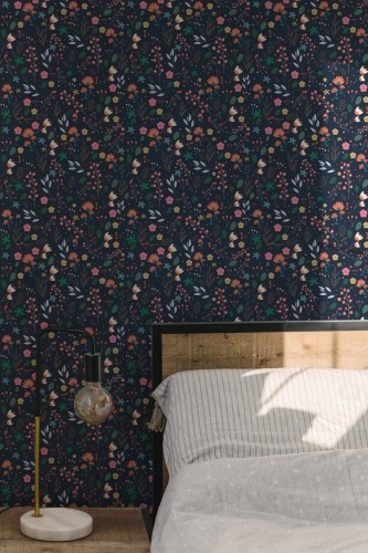 Minimal modern style bedroom decorated with Dark scandinavian floral peel and stick wallpaper