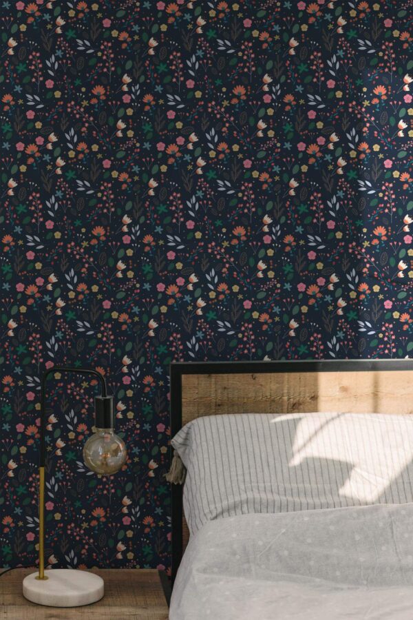Minimal modern style bedroom decorated with Dark scandinavian floral peel and stick wallpaper