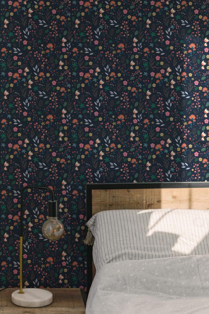 Minimal modern style bedroom decorated with Dark scandinavian floral peel and stick wallpaper
