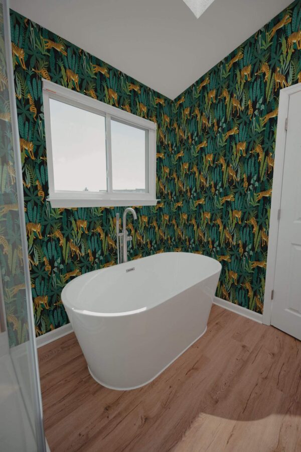 Modern style bathroom decorated with Dark secret garden peel and stick wallpaper