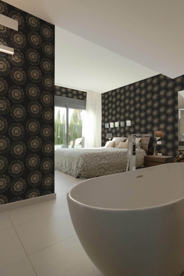 Modern style bedroom with open bathroom decorated with Dark sunflower peel and stick wallpaper