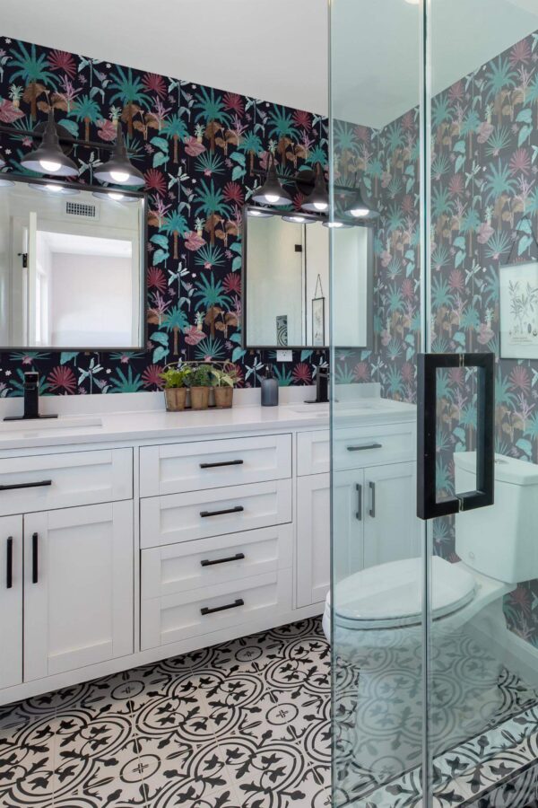 Rustic farmhouse style bathroom decorated with Dark tropical peel and stick wallpaper