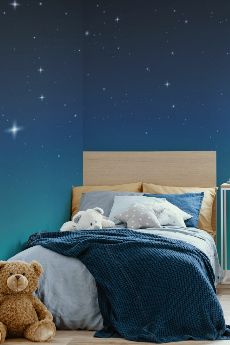 Deep Blue Starry Night peel and stick or non-pasted wall mural. Fancy Walls removable self-adhesive or traditional celestial stars sky eco-friendly and PVC-free nursery mural for walls.