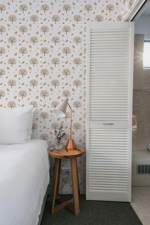 Minimalist style bedroom decorated with Deer fall peel and stick wallpaper