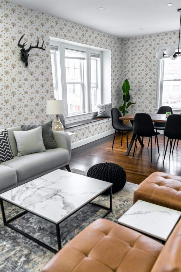 Mid-century modern scandinavian style living dining room decorated with Deer fall peel and stick wallpaper