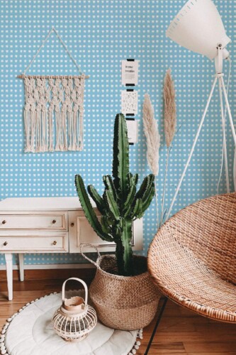 Bohemian style living room decorated with Dentist tooth pattern peel and stick wallpaper