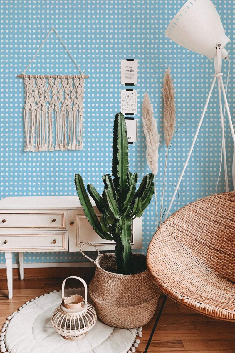 Bohemian style living room decorated with Dentist tooth pattern peel and stick wallpaper