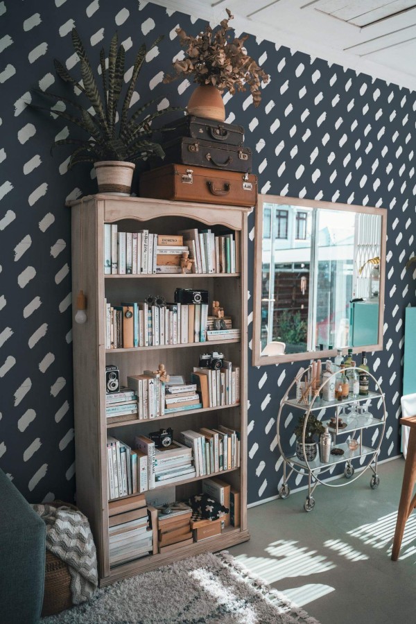 Farmhouse style living room decorated with Diagonal Brush stroke peel and stick wallpaper