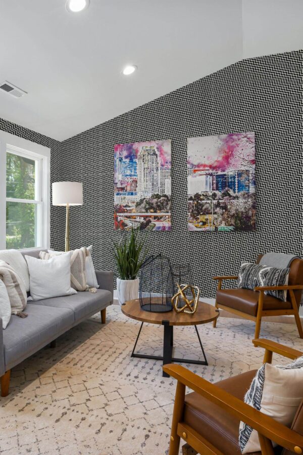 Mid-century modern style living room decorated with Diagonal chevron peel and stick wallpaper and colorful funky artwork