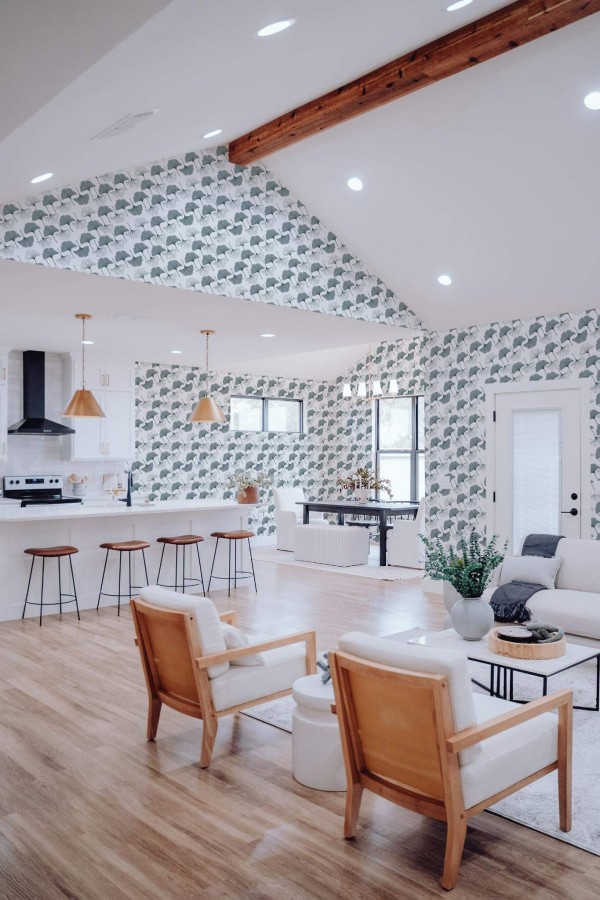 Contemporary style living room and kitchendecorated with Diagonal ginkgo pattern peel and stick wallpaper