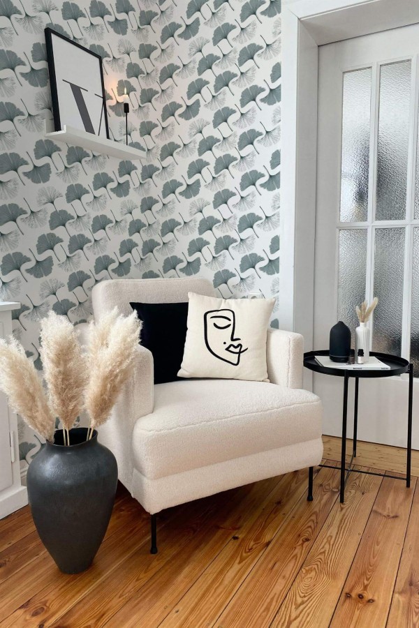 Modern boho style living room decorated with Diagonal ginkgo pattern peel and stick wallpaper