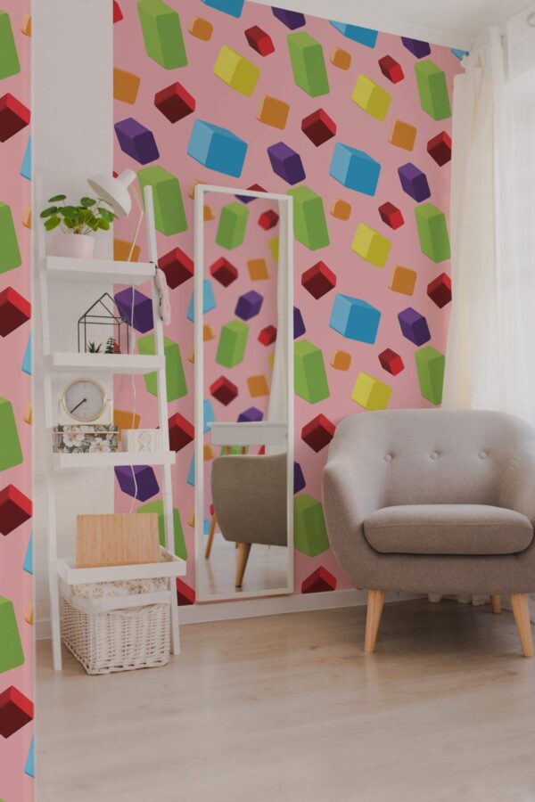 Light boho style living room decorated with Dimensional shapes peel and stick wallpaper